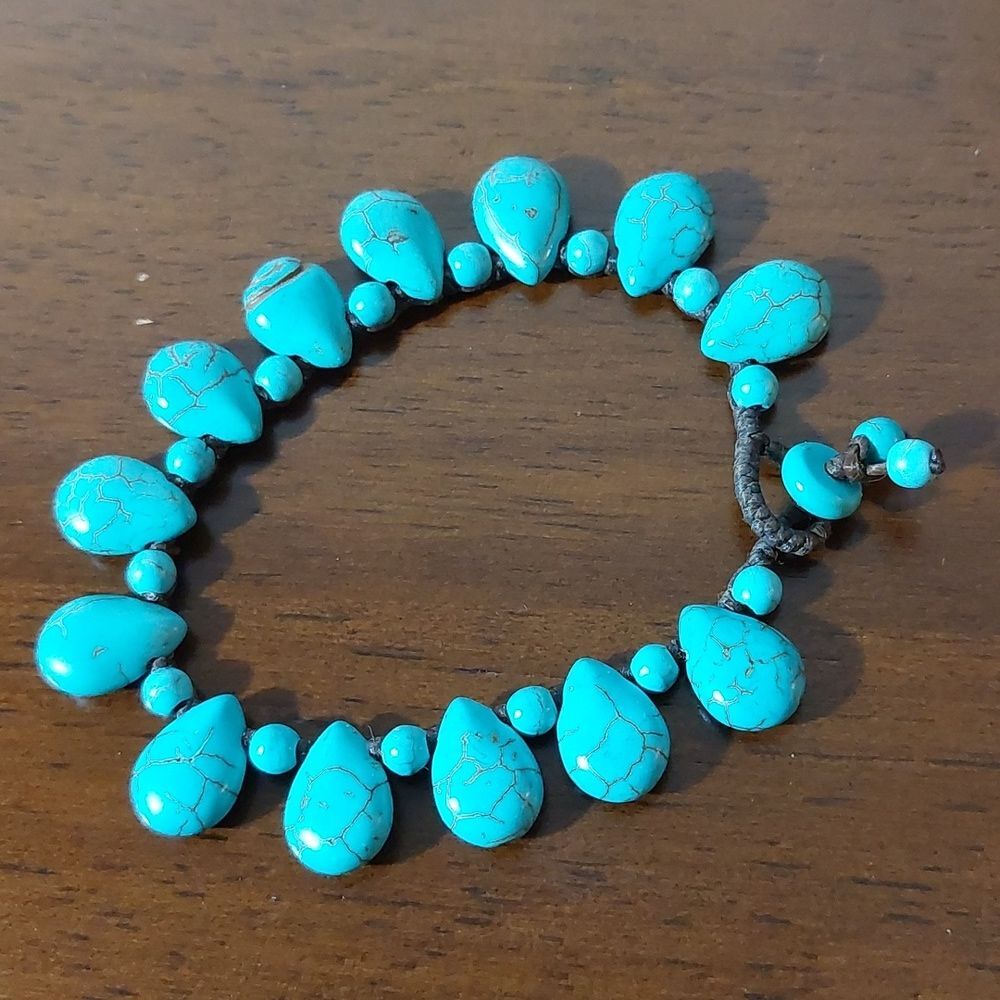 Blue Turquoise Teardrop Beads Bracelet Button and Loop Closure